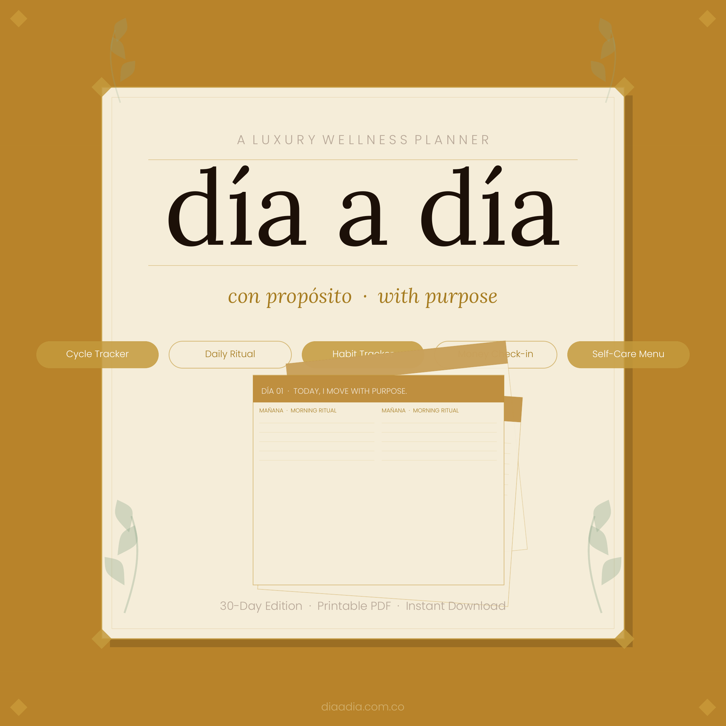 Día a Día · Con Propósito — 30-Day Luxury Wellness Planner (Digital Download)