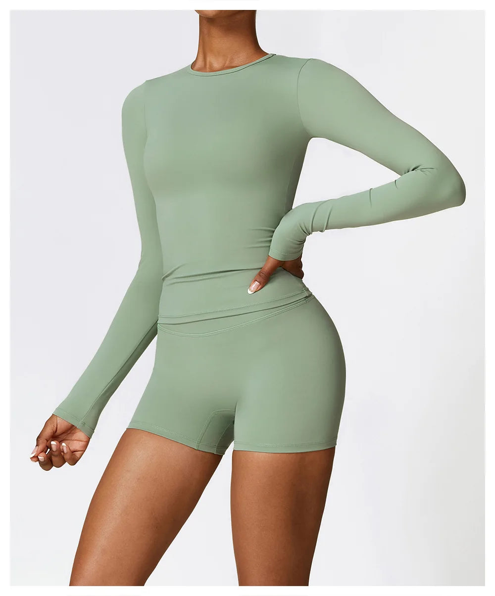 Seamless 2-Piece Workout Set — Long Sleeve Crop Top & High Waist Leggings