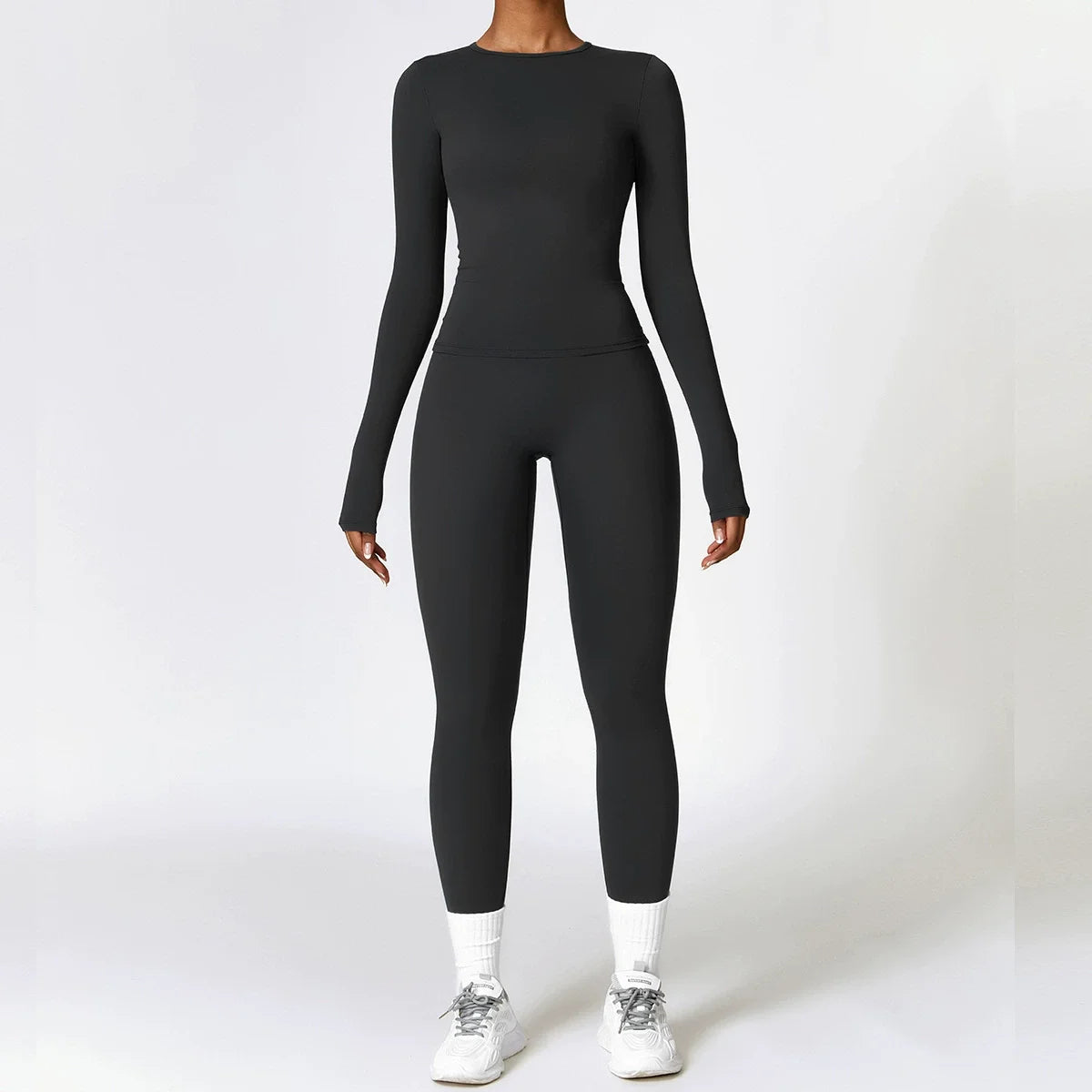 Seamless 2-Piece Workout Set — Long Sleeve Crop Top & High Waist Leggings