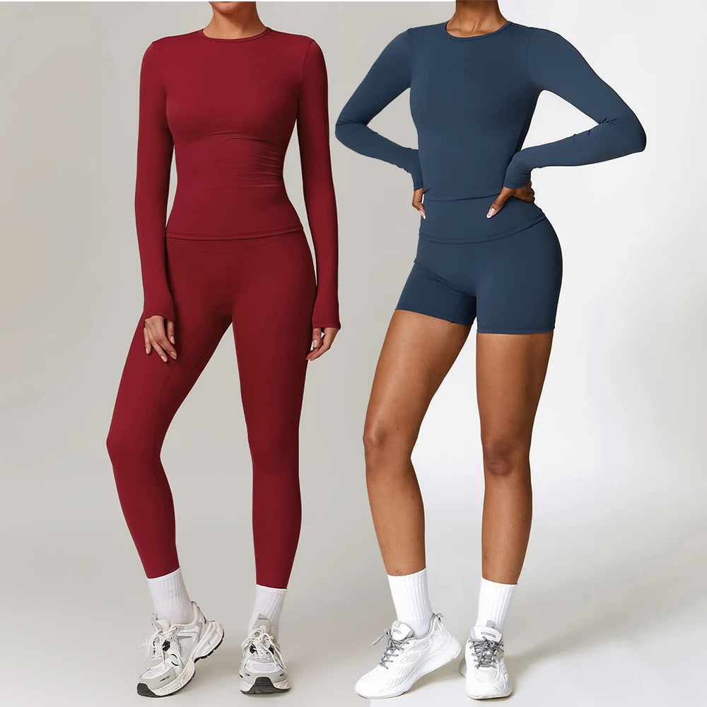 Seamless 2-Piece Workout Set — Long Sleeve Crop Top & High Waist Leggings