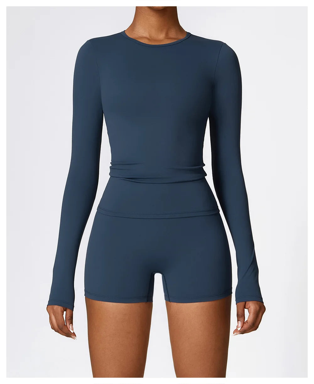 Seamless 2-Piece Workout Set — Long Sleeve Crop Top & High Waist Leggings